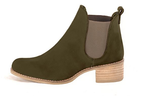 Khaki green and bronze beige women's ankle boots, with elastics. Round toe. Low leather soles. Profile view - Florence KOOIJMAN